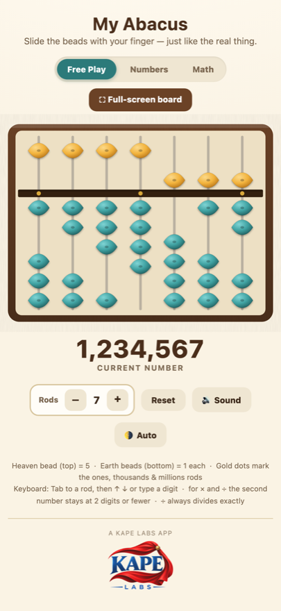 My Abacus in Free Play mode, showing 1,234,567 on a seven-rod board