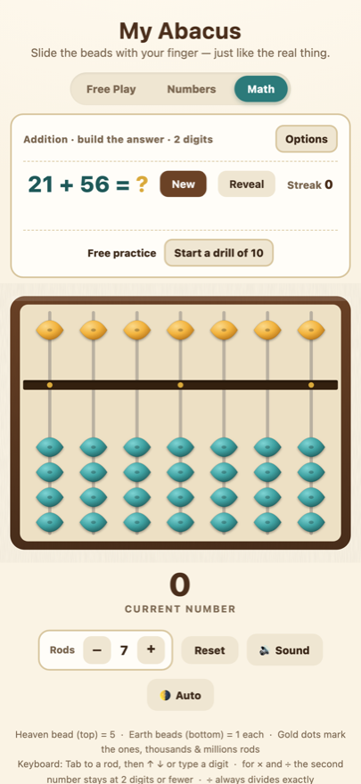 Math mode showing the problem 21 plus 56